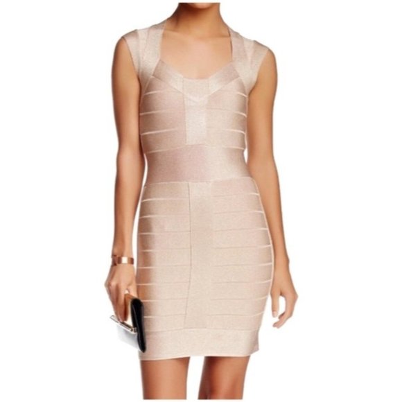 French Connection Dresses & Skirts - French Connection Pink Rose Gold Bodycon V-Neck Bandage Dress Women’s Size US 8